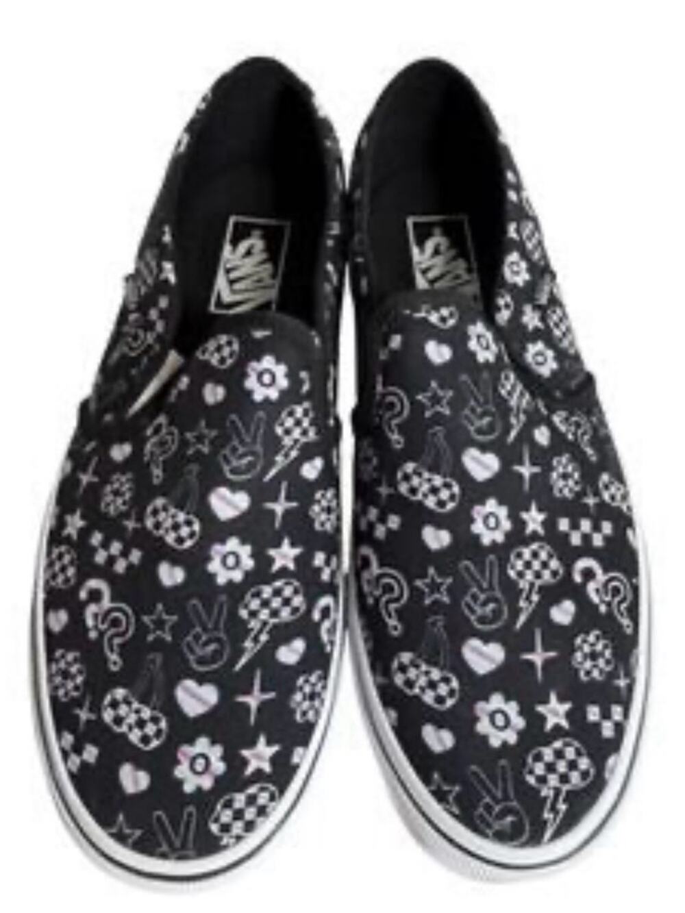 NEW VANS ASHER CLASSIC BLACK DOODLE Slip-On Sneaker WHITE PINK Icon Print SZ 8.5